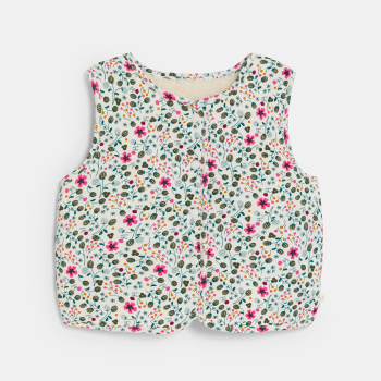 جيليه شيربا بدون أكمام وذو وجهين، مزركش برسوم أزهار باللون الأبيض للفتيات الصغيرات